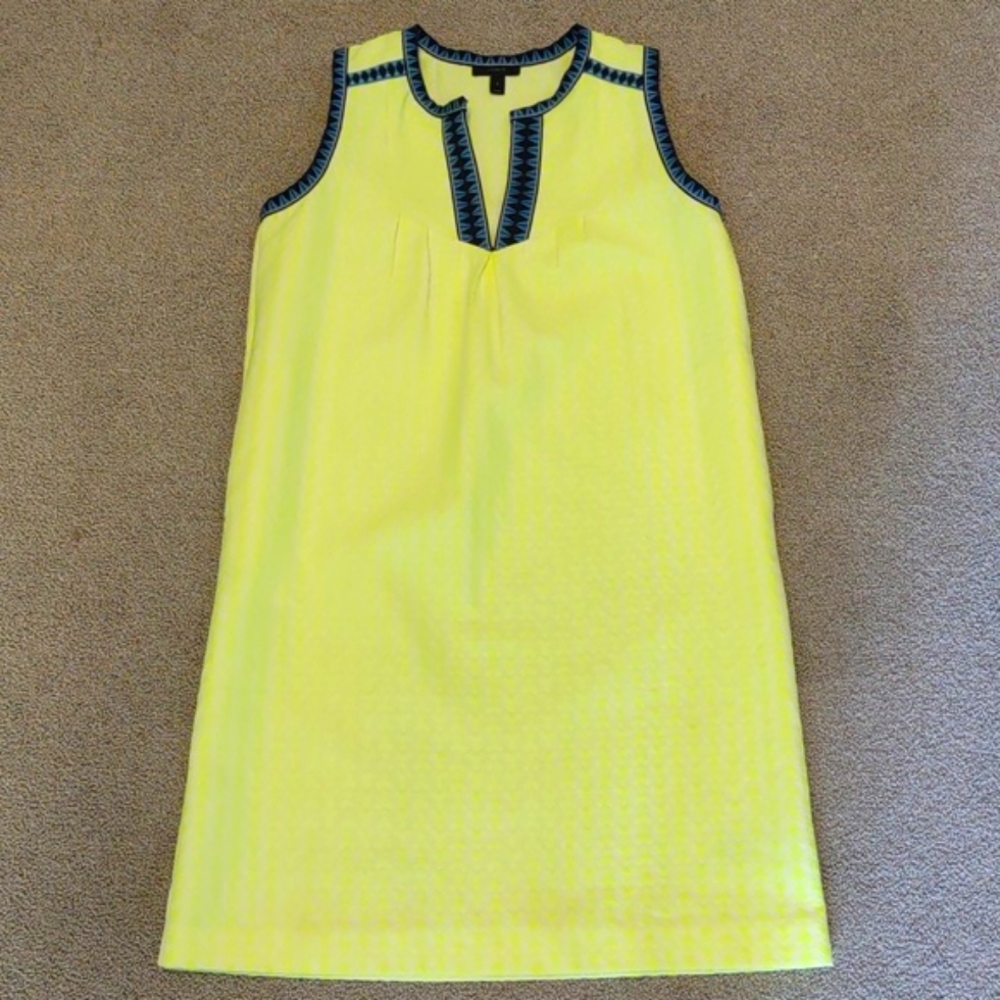 J Crew Neon Yellow and Deep Blue Geometric Print Midi Sheath Dress Size 2 EUC